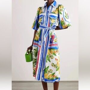 FARM RIO Tropical Destination belted linen-blend midi shirt dress Size M NEW
